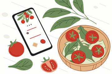 Food delivery app on smartphone, fresh vegetables and ingredients surrounding, rustic white background, colorful tomatoes, green basil leaves, wooden bowl with salad, overhead view, vibrant colors,