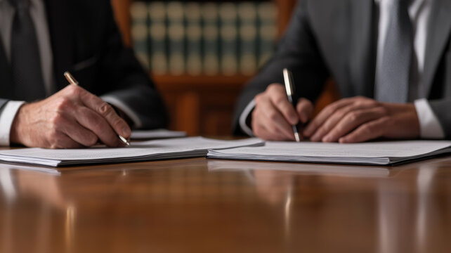 Federal Reserve Interest Rate Cut Themed, Two professionals signing documents at wooden table in office