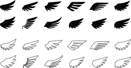 Angel wings icon set fly signs, pilot symbols graphic design elements ideal for logo, emblem badge design. Versatile for art, heraldry, animal symbolism. Ranging from simple to intricate feather scale