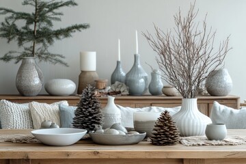 Elegant winter decor featuring neutral tones and natural elements in a cozy living room setting