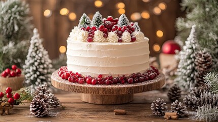 Christmas cake and decorations framing a rustic wooden table background 