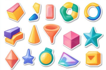 Different 3D geometric shapes collection. Retro flat cartoon sticker. Vector