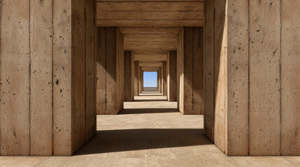 subterranean structure with concrete pillars and clear sky view. design evokes sense of depth and modern architecture