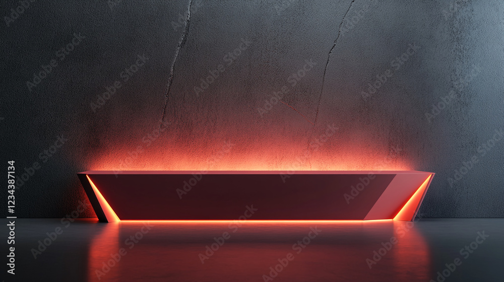 Poster minimalistic red illuminated podium against a textured dark background, showcasing futuristic design