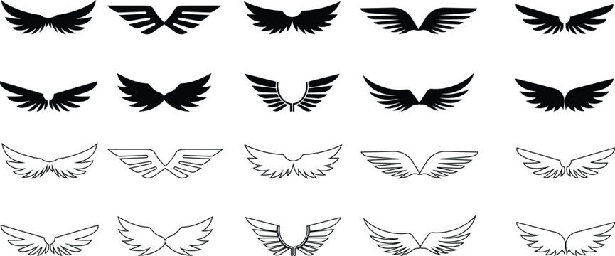 Angel wings icon set fly signs, pilot symbols graphic design elements ideal for logo, emblem badge design. Versatile for art, heraldry, animal symbolism. Ranging from simple to intricate feather scale