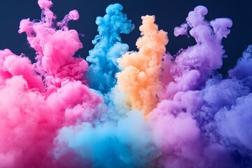 Fototapeta premium Colorful smoke clouds swirl in vibrant shades of pink, blue, orange, and purple against a dark background