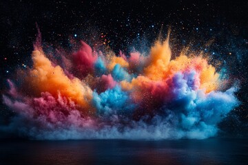 Colorful cloud explosion against a dark starry background with vibrant hues of pink, blue, and orange