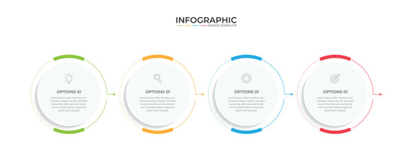 Minimal Business Infographics template. Timeline with 4 steps, options and marketing icons .Vector linear infographic with four circle conected elements. Can be use for presentation