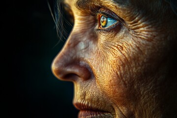 Obraz premium Close-up of an elderly woman's face showcasing intricate skin texture and expressive eye