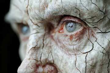 Obraz premium Detailed close-up of a weathered sculpture with visible cracks and striking eyes reflecting light