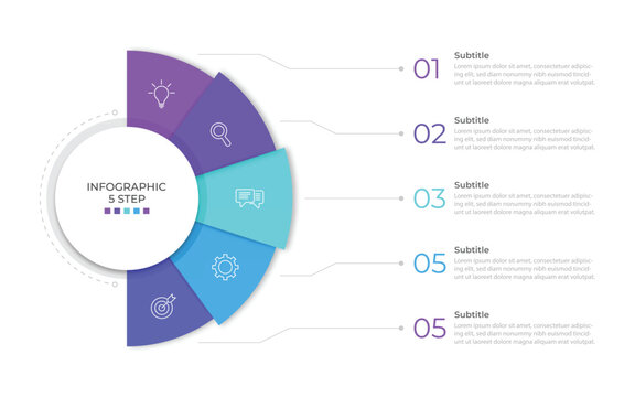 Semicircular pie chart divided into 5 colorful sectors. Concept of five features of startup project to select. Minimal flat infographic vector illustration for business information visualization