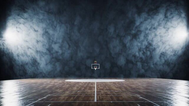 A dramatic, dimly lit basketball court in a large arena, a single spotlight illuminating the center circle while faint smoke drifts across the polished floor.