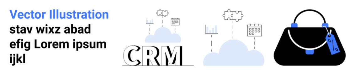 CRM text linked with cloud computing, analytics charts, and a black handbag with a price tag. Ideal for e-commerce, retail, fashion, cloud technology, data analytics, marketing CRM flat landing