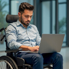 Disabled Man in Wheelchair Using Laptop for Communication or Work