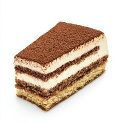 A slice of rich tiramisu dessert with cocoa dusting, isolated white background, realism art style