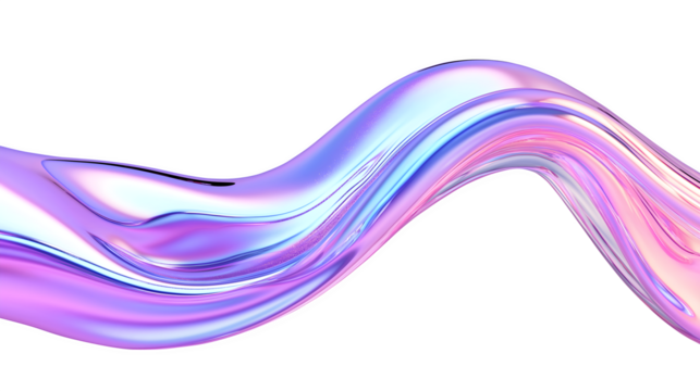 Iridescent Holographic Fluid Wave in Blue, Pink, and Purple – 3D Render with Smooth Flowing Abstract Shape Isolated on Transparent Background. Cutout.