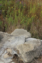 A dry waterfall with natural rocks and stones.