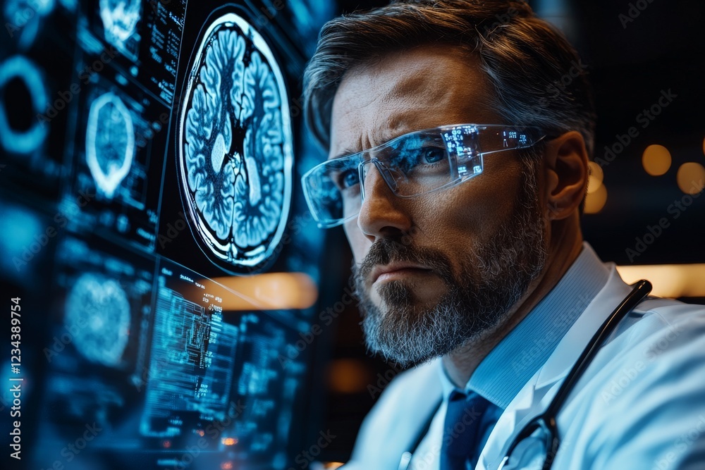 Poster medical professional analyzing neurological data in a high-tech laboratory environment