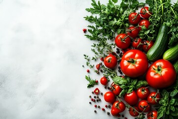 Colorful assortment of fresh vegetables including tomatoes, cucumbers, and herbs on a light surface
