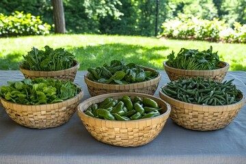 Freshly harvested vegetables displayed at a local farmers market in a sunny outdoor setting