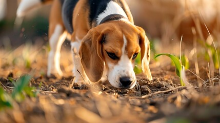 A Beagle dog sniffing on ground