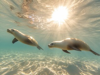 Obraz premium Underwater World of Sea Lions