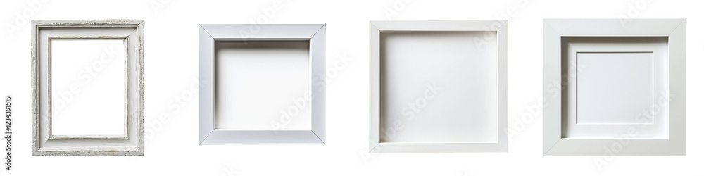 Poster Various empty picture frames arranged neatly on a white background showcasing different styles and sizes for versatile decoration ideas