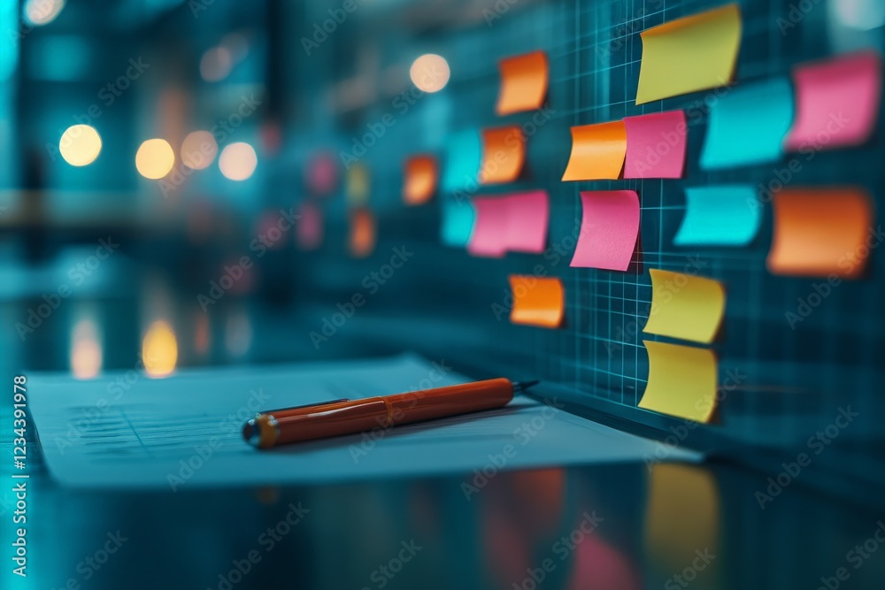 Poster team brainstorming session with colorful sticky notes on a glass board in a modern office environmen