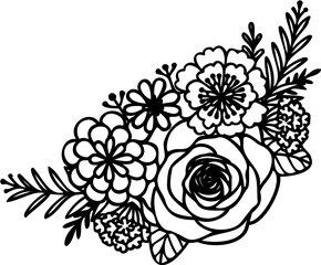 Hand drawing floral line art illustration featuring detailed rose,foliage,leaves, and botanical elements. For coloring pages, corner decoration,tattoo designs, laser cutting, and decorative clipart.