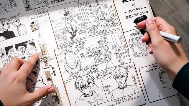 artist drawing storyboard anime comics book manga style featuring anime illustrations