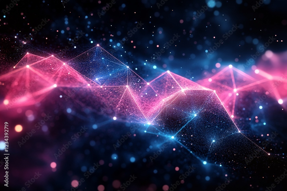 Poster Colorful abstract pattern of geometric shapes and glowing particles in a cosmic space setting