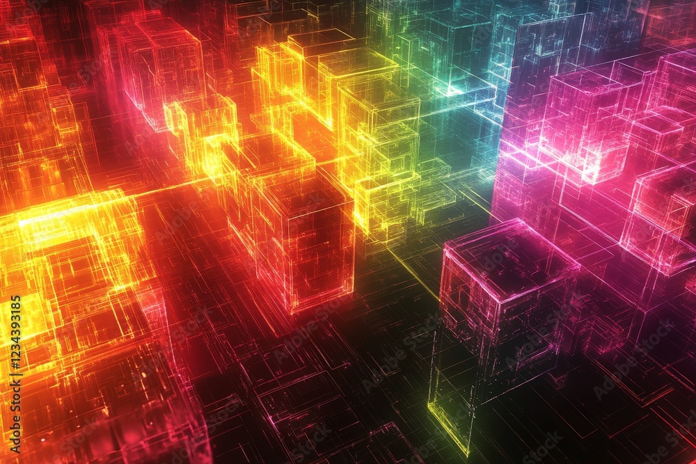 Poster vibrant digital landscape of interconnected cubes in neon colors showcasing abstract technology