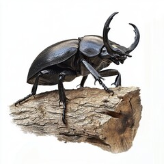 Majestic Black Beetle Crawling on Natural Wooden Log with Detailed Texture and Graceful Antennae