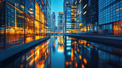Vibrant cityscape illuminated by night lights reflecting on the river