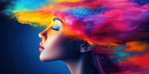 Fototapeta premium A vibrant portrait of a woman with colorful artistic expression and emotional depth.