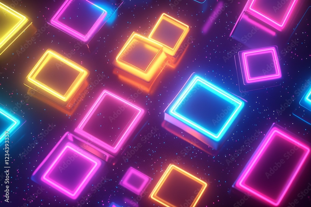 Poster vibrant neon squares illuminating a cosmic background in a digital art display at night