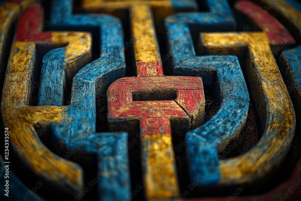 Poster Colorful labyrinth design created with carved wooden blocks representing a maze and artistic expression