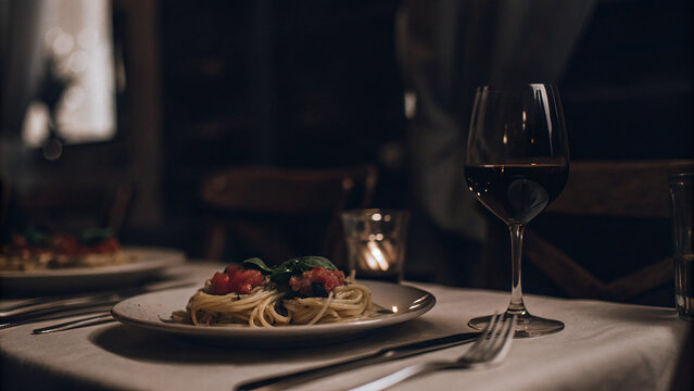 romantic dining setup featuring pasta, wine, and soft lighting creates inviting atmosphere