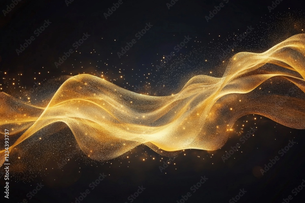 Aufkleber Flowing golden fabric dances in waves against a dark background, creating a mesmerizing visual display of light and texture