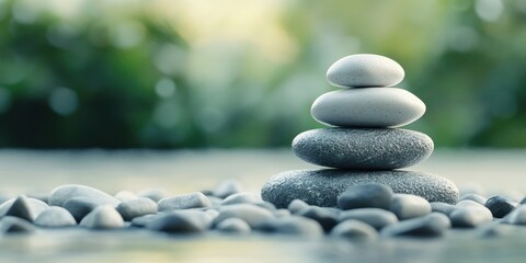Balanced stones symbolizing harmony and tranquility in natural surroundings.