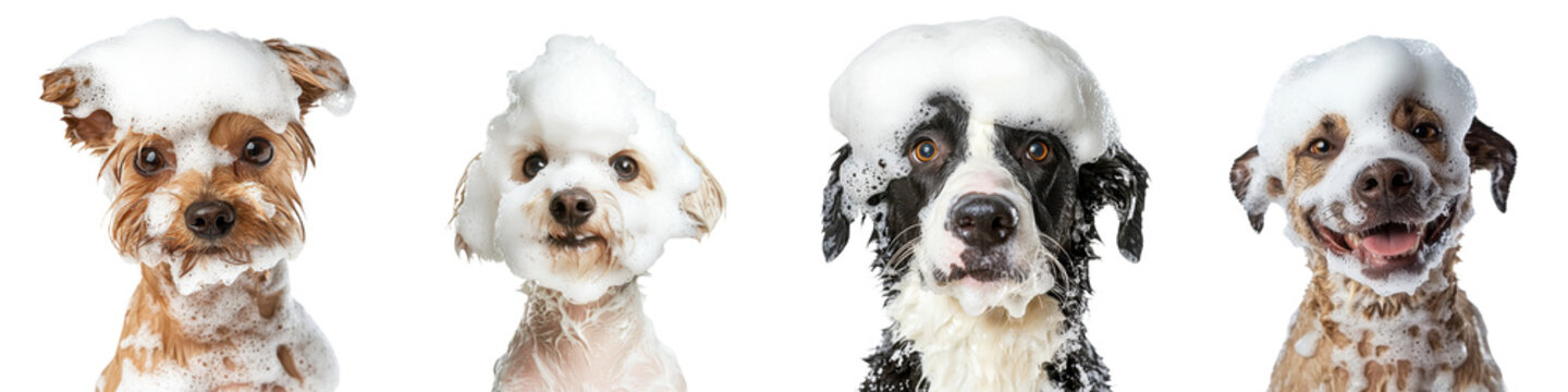Happy dogs getting a bath with bubbles in a bright white setting during daytime grooming session