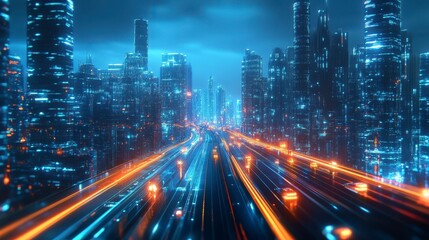 Fototapeta premium Futuristic Cityscape at Night with Neon Lights and Motion Blur