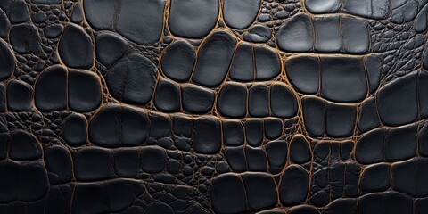 A close-up of textured black crocodile leather showcasing deep grooves and natural patterns, perfect for luxury design projects.
