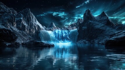 Naklejka premium Frozen waterfall at night, starry sky, mountains, calm lake; fantasy landscape