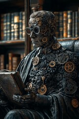 Steampunk statue of a man reading in a library setting.