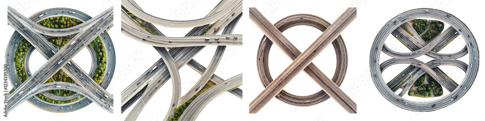 Poster diverse highway interchange designs showcasing intricate road networks in an urban setting