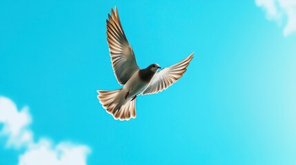 Obraz premium Bird in Flight Against a Bright Blue Sky with Fluffy Clouds