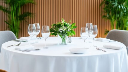 Fototapeta premium Elegant white round banquet table set for a sophisticated dining experience with fine tableware and decor.