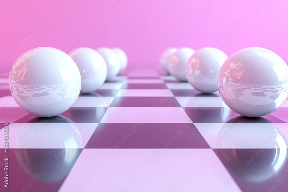 Poster modern take on a classic chessboard with glossy white spheres on a reflective pink backdrop