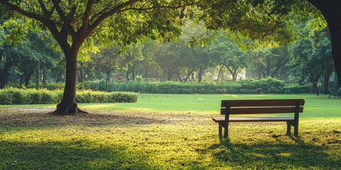Fototapeta premium Serene park scene with green grass, a wooden bench, and large shaded trees in sunlight.